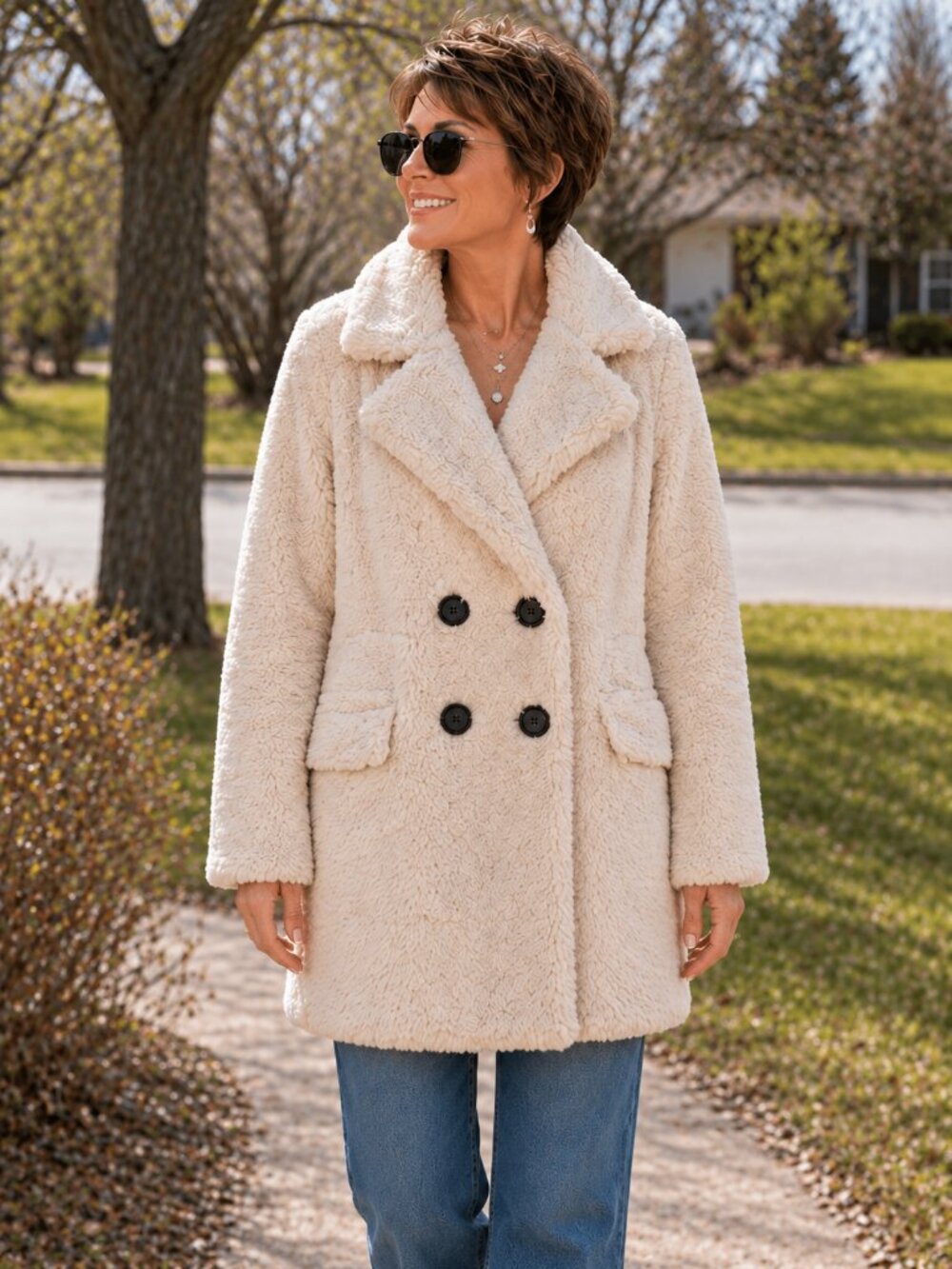 TEDDY SHERPA COAT Cream Cozy Double Breasted LINED ANDIAMO! Jacket s.MEDIUM